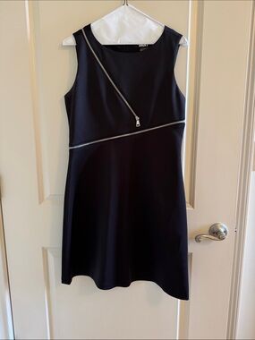 DKNY Black Mini Dress with Silver Zipper Accents. Size 8